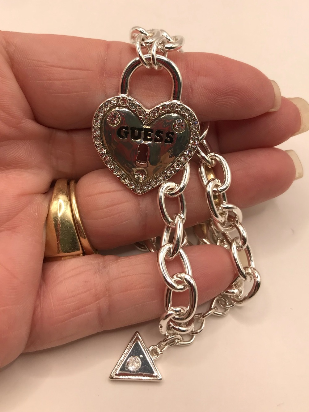 GUESS Silver-Tone Heart Lock Charm Necklace with Rhinestones - Picture 7 of 7